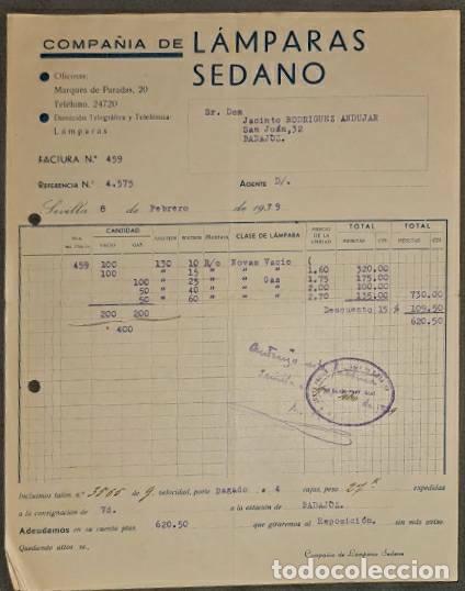 Old Invoices: Factura. Compa&ntilde;&iacute;a de l&aacute;mparas Sedano. Sevilla. Espa&ntilde;a 1939