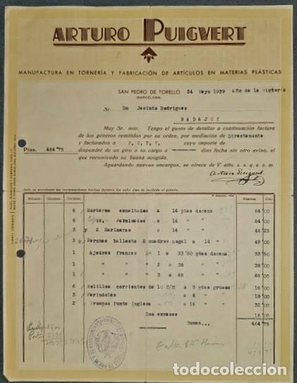 Old Invoices: Factura. Arturo Puigvert. Manufactura en torner&iacute;a. Barcelona. Espa&ntilde;a 1939