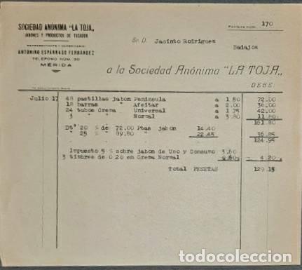 Factures anciennes: Factura. Antonino Esp&aacute;rrago Fern&aacute;ndez. S. A. La Toja. Jabones y productos tocador. M&eacute;rida. Espa&ntilde;a
