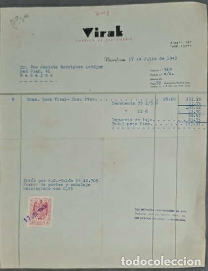 Old Invoices: Factura. Virak. F&aacute;brica de perfumer&iacute;a. Barcelona. Espa&ntilde;a 1945