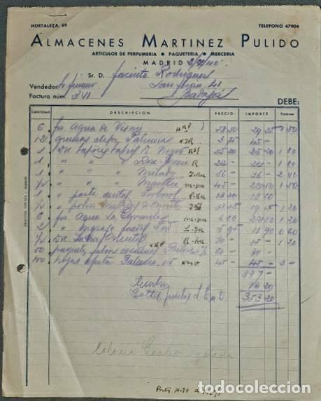 Alte Rechnungen: Factura. Almacenes Mart&iacute;nez Pulido. Art&iacute;culos de perfumer&iacute;a y mercer&iacute;a. Madrid. Espa&ntilde;a 1940
