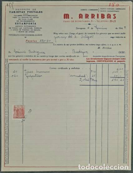 Alte Rechnungen: Factura. M. Arribas. Dep&oacute;sito de tarjetas postales. Zaragoza. Espa&ntilde;a 1947