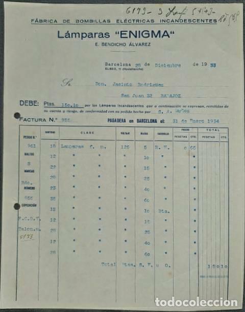 Factures anciennes: Factura.E.Bendicho &Aacute;lvarez.L&aacute;mparas Enigma.F&aacute;brica bombillas el&eacute;ctrica incandescentes.Barcelona 1933