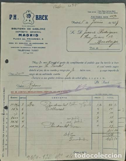 Factures anciennes: Factura. Ph. Back. Almac&eacute;n de bisuter&iacute;a. Madrid. Espa&ntilde;a 1933