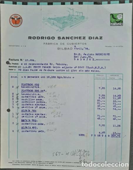 Factures anciennes: Factura. Rodrigo S&aacute;nchez D&iacute;az. F&aacute;brica de cubiertos. Bilbao. Espa&ntilde;a 1936