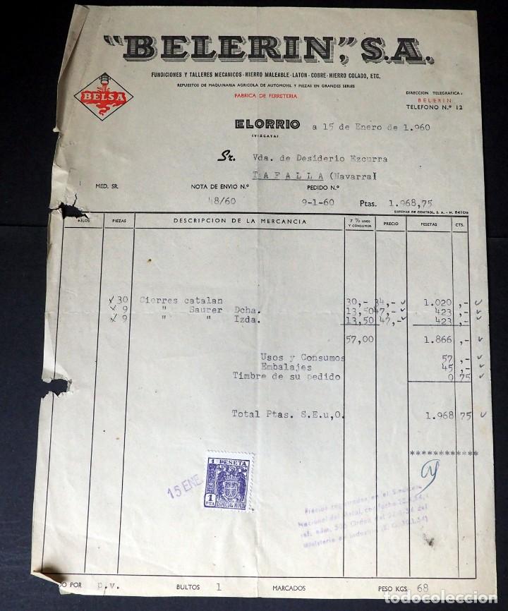 Facturas antiguas: ANTIGUA FACTURA: BELERIN. FUNDICIONES Y TALLERES MEC&Aacute;NICOS. ELORRIO ( VIZCAYA): A&Ntilde;O 1960