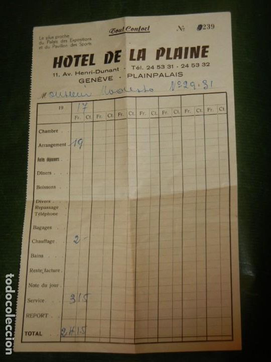 Facturas antiguas: ANTIGUA FACTURA/NOTA DE GASTO HOTEL DE LA PLAINE GENEVE - GINEBRA SUIZA