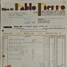 Facturas antiguas: FACTURA. HIJOS DE PABLO FIERRO. LOZA, CRISTAL, PORCELANA.... BILBAO. ESPAÑA 1942. Lote 230574815