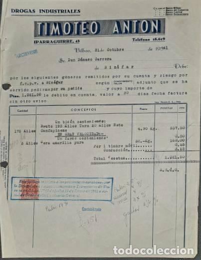 Factures anciennes: Factura. Timoteo Ant&oacute;n. Drogas Industriales. Bilbao. Espa&ntilde;a 1941