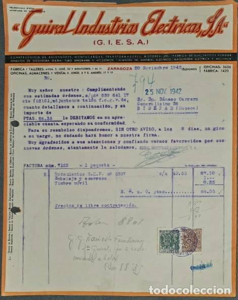 Factures anciennes: Factura. Guiral Industrias El&eacute;ctricas S.A. Construcciones de ascensores. Zaragoza. Espa&ntilde;a 1942