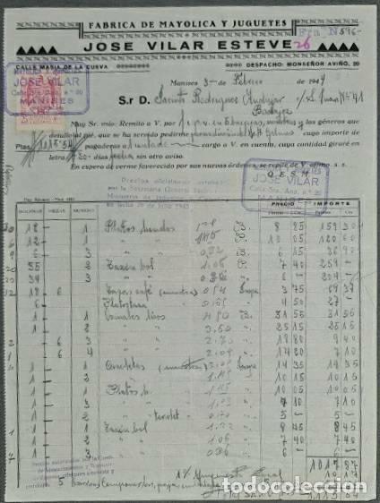 Alte Rechnungen: Factura. Jos&eacute; Vilar Esteve. F&aacute;brica de may&oacute;lica y juguetes. Manises. Espa&ntilde;a 1944