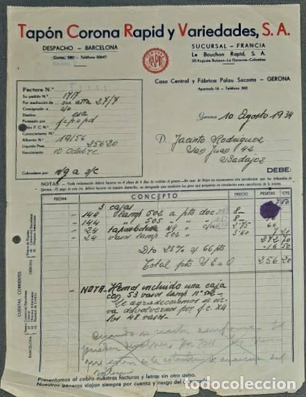 Old Invoices: Factura. Tap&oacute;n Corona Rapid y Variedades S.A. Gerona. Espa&ntilde;a 1934