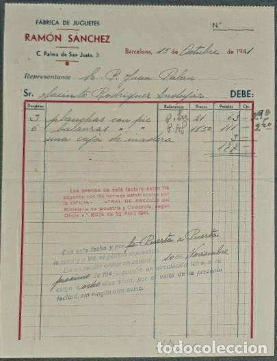 Old Invoices: Factura. Ram&oacute;n S&aacute;nchez. F&aacute;brica de juguetes. Barcelona. Espa&ntilde;a 1941