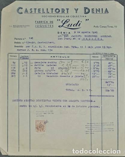 Old Invoices: Factura. Castelltort y Denia. F&aacute;brica de juguetes. Denia. Espa&ntilde;a 1945