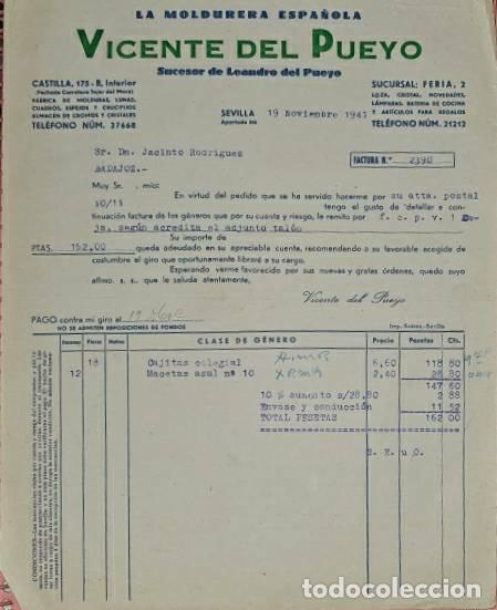 Facturas antiguas: Factura. Vicente del Pueyo suc. Leandro del Pueyo. La Moldurera Espa&ntilde;ola. Sevilla. Espa&ntilde;a 1941