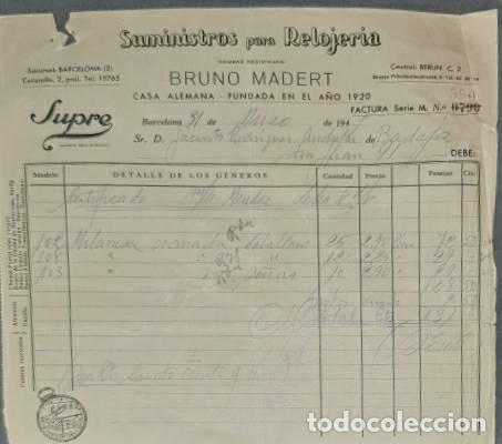 Old Invoices: Factura. Bruno Madert. Suministros para relojer&iacute;a. Barcelona. Espa&ntilde;a 1941