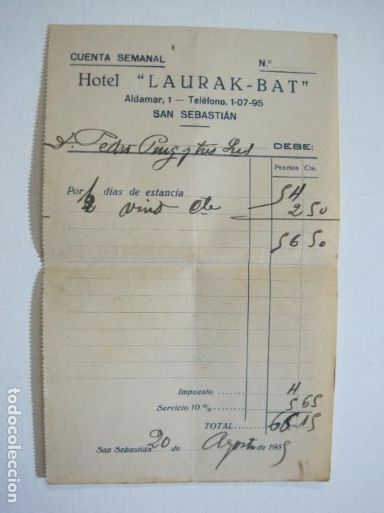 Facturas antiguas: SAN SEBASTIAN-HOTEL LAURAK BAT-A&Ntilde;OS 30-FACTURA ANTIGUA-VER FOTOS-(K-1423)