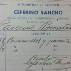 Facturas antiguas: CALATAYUD CEFERINO SANCHO COCHES DE ALQUILER . TAXI AÑO 34/35. Lote 231564210