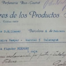 Facturas antiguas: BARCELONA LABORATORIO DE PERFUMERÍA RIUS-COUTRET FACTURA AÑO 1933. Lote 231921410