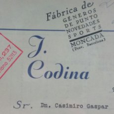 Facturas antiguas: MONCADA BARCELONA FACTURA J CODINA AÑO 1933 FABRICA DE JERSEY Y MEDIAS. Lote 231923720