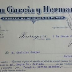 Facturas antiguas: ZARAGOZA FACTURA JUAN GARCÍA Y HERMANO AÑO 1933 FABRICA GÉNEROS DE PUNTO. Lote 231924930