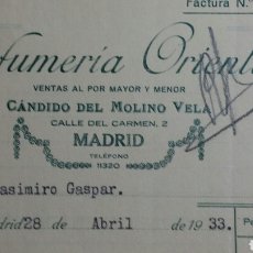 Facturas antiguas: MADRID FACTURA PERFUMERÍA ORIENTAL AÑO 1933. Lote 232909005
