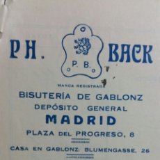 Facturas antiguas: ALEMANIA /MADRID FABRICA BISUTERÍA PH BACK. Lote 232909630