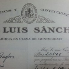 Facturas antiguas: OLESA DE MONTSERRAT FACTURA FABRICA CONFECCIONES VDA DE LUIS SÁNCHEZ AÑO 1933. Lote 233043980