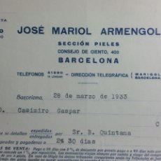 Facturas antiguas: BARCELONA FACTURA JOSÉ MARIOL ARMENGOL FABRICA DE PIELES AÑO 1933. Lote 233049260