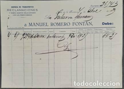 Alte Rechnungen: Factura. Manuel Romero Font&aacute;n. Agencia de Transportes y asuntos con ferrocarriles. Jerez.Espa&ntilde;a 1929