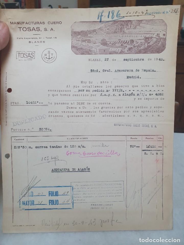 Facturas antiguas: MANUFATURAS DE CUERO,TOSAS. BLANES. A&Ntilde;O 1943.