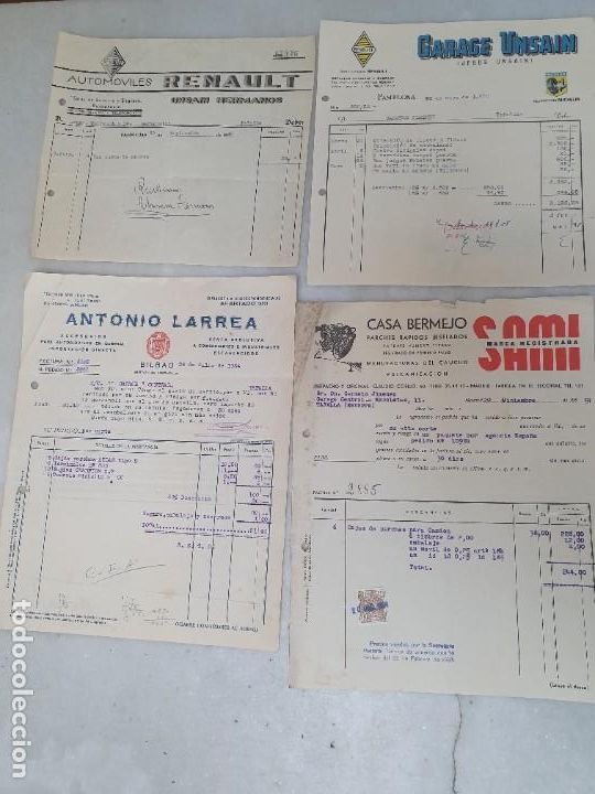 Facturas antiguas: 4 FACTURAS ANTIGUAS. AUTOMOVIL, SAMI, ANTONIO LARREA, UNSAUIN, RENAULT.