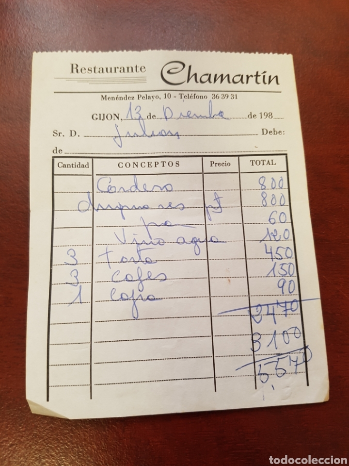 Old Invoices: FACTURA RESTAURANTE CHAMARTIN GIJ&Oacute;N A&Ntilde;OS 80