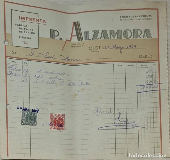 Faturas antigas: Factura. P. Alzamora. Imprenta. Olot. Espa&ntilde;a 1949