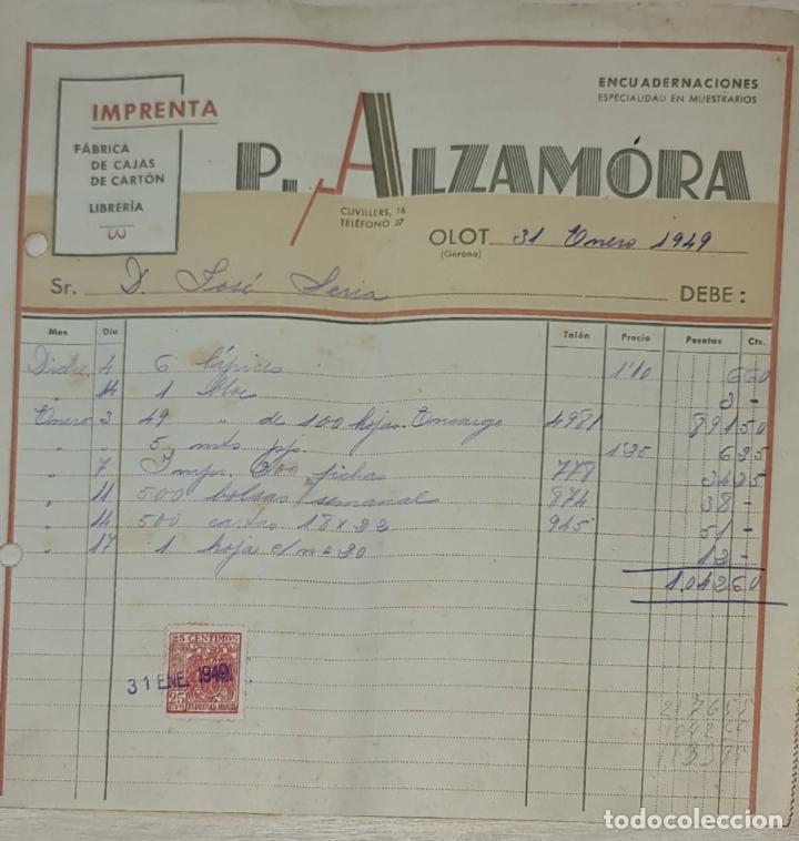 Factures anciennes: Factura. P. Alzamora. Imprenta. Olot. Espa&ntilde;a 1949