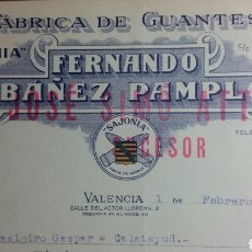 Facturas antiguas: LITOGRAFIA DE M GARCIA 1933 VALENCIA FACTURA GUANTES SAJONIA DE FERNANDO IBAÑEZ PAMPLO. Lote 251279620