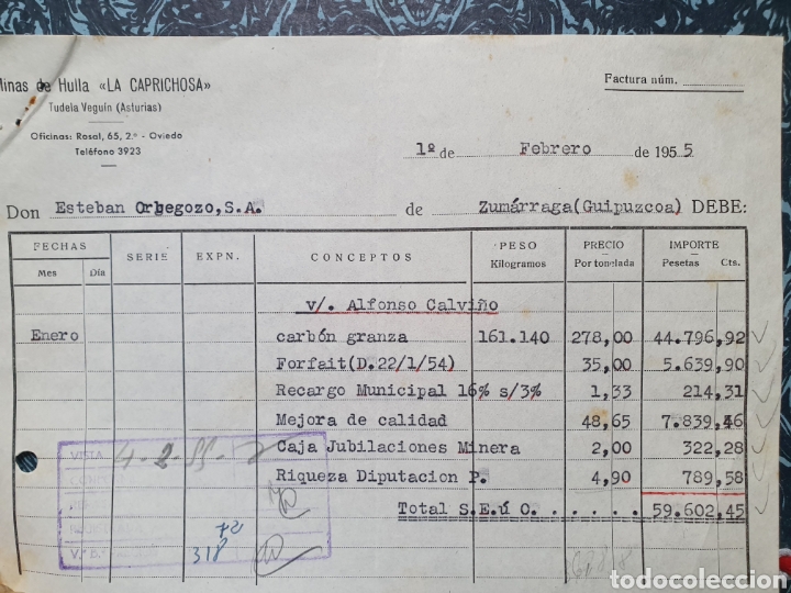 Old Invoices: FACTURA MINAS DE HULLA, LA CAPRICHOSA. TUDELA DE VEGUIN. ASTURIAS. A&Ntilde;O 1955.