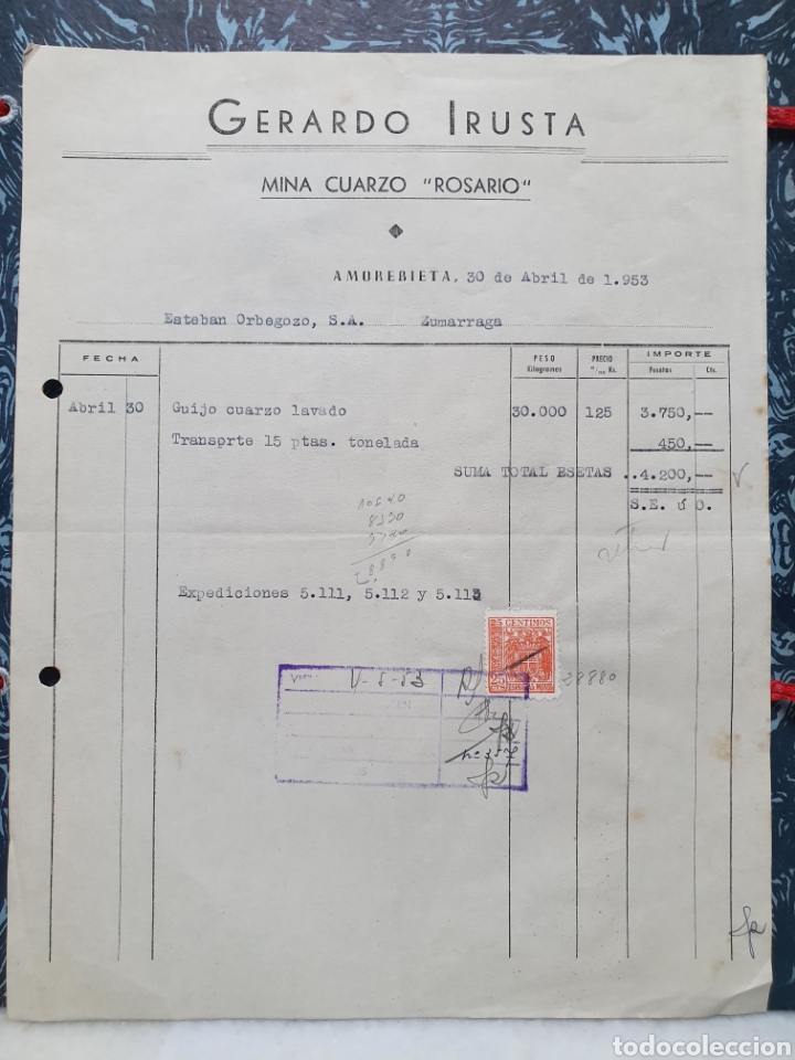 Old Invoices: GERARDO IRUSTA. MINA CUARZO ROSARIO. AMOREBIETA 1953. ANTIGUA FACTURA.