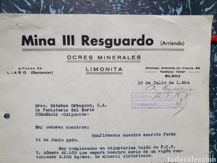 Old Invoices: MINA III RESGUARDO, ARRIENDO. OCRES MINERALES, LIMONITA. LIA&Ntilde;O, SANTANDER. BILBAO 1954. FACTURA.