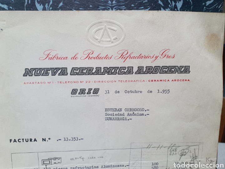 Old Invoices: NUEVA CERAMICA AROCENA. ORIO. FABRICA PRODUCTOS REFRACTARIOS. FACTURA A&Ntilde;O 1955.