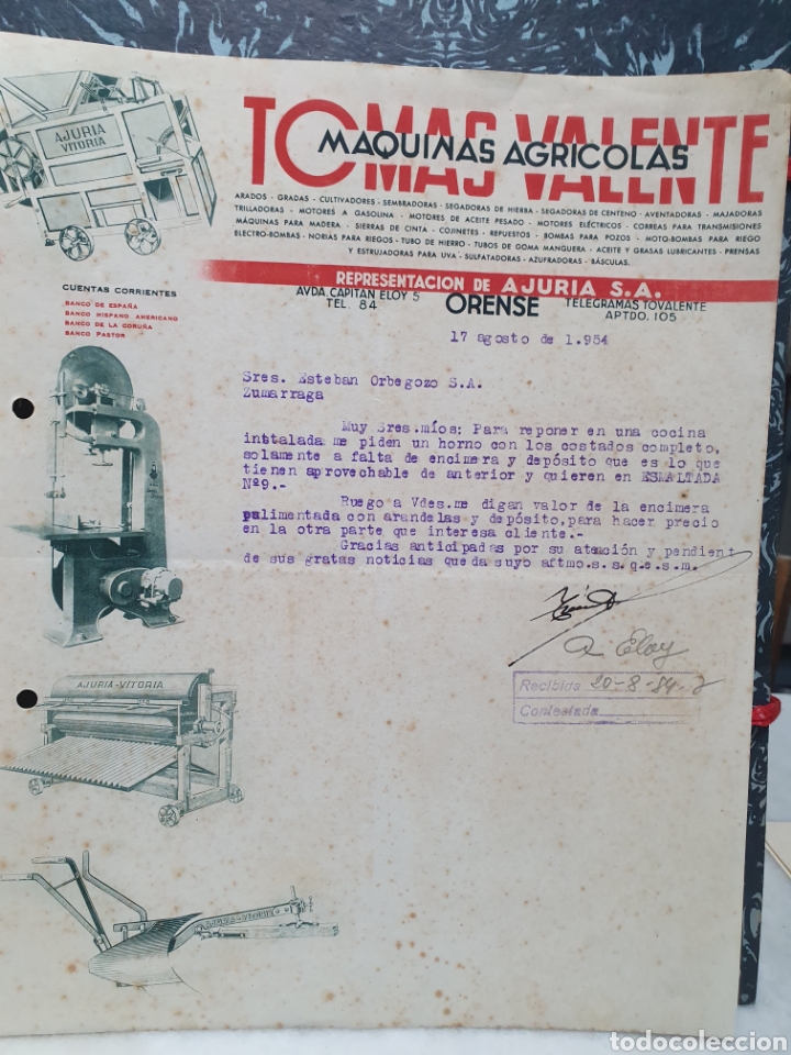 Old Invoices: TOMAS VALENTE. MAQUINAS AGRICOLAS. ORENSE. FACTURA A&Ntilde;O 1954.