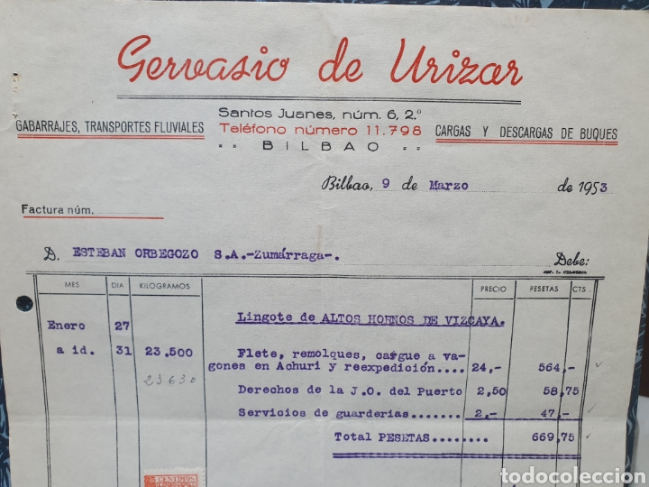 Old Invoices: GERVASIO DE URIZAR. BILBAO. GABARRAJES, TRANSPORTES FLUVIALES, CARGAS Y DESCARGAS DE BUQUES. FACTURA