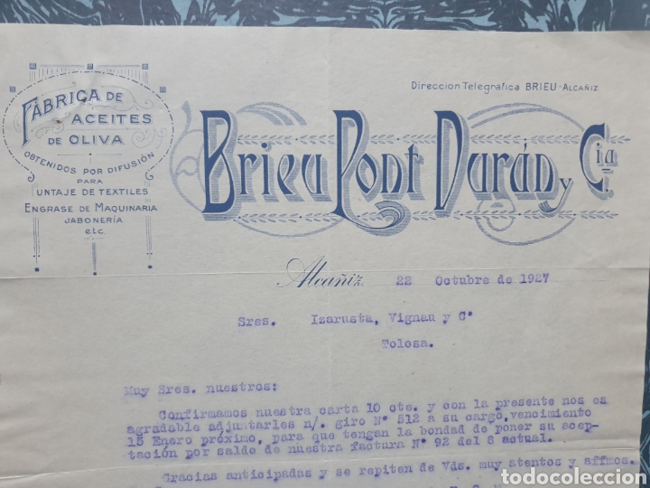Old Invoices: ALCA&Ntilde;IZ. FABRICA DE ACEITES DE OLIVA. BRIEU PONT DURAN Y CIA. FACTURA A&Ntilde;O 1927.