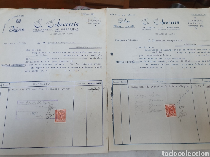 Old Invoices: VILLAREAL DE URRECHUA. GUIPUZCOA. BILORE. ALMACEN DE JABONES. E. ECHEVERRIA. FACTURAS 1955.