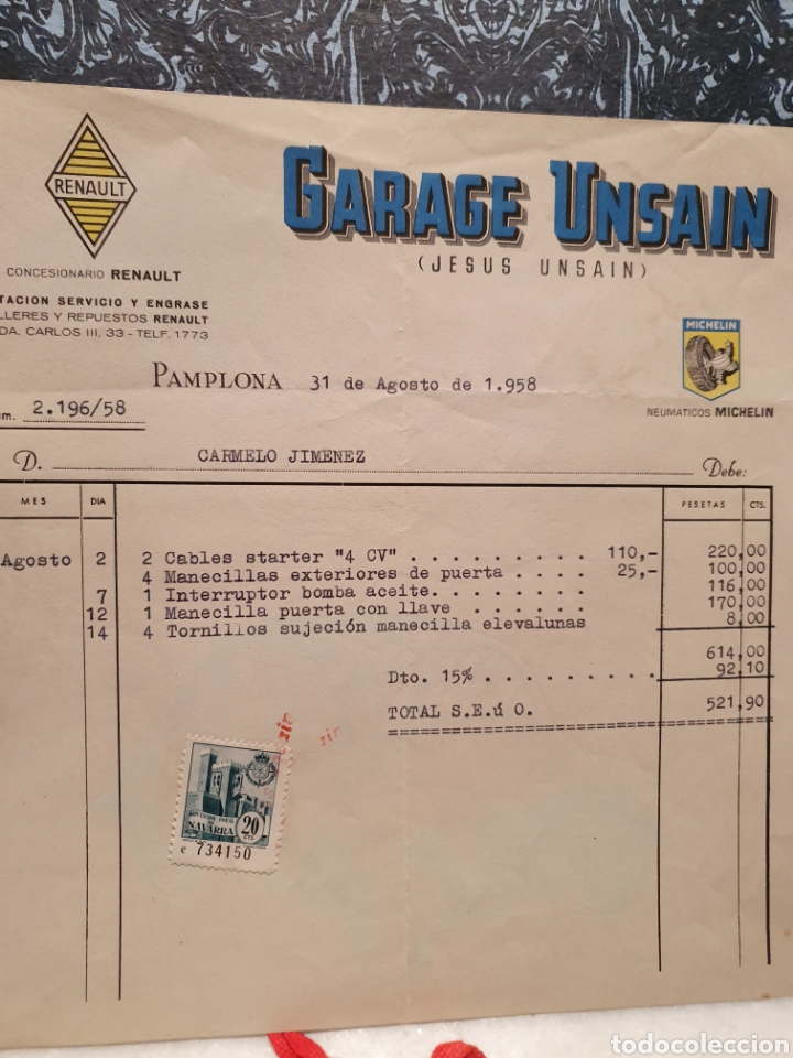 Old Invoices: 3 FACTURAS A&Ntilde;O 1961. MICHELIN, RENAULT. GARAGE UNSAIN. PAMPLONA Y TUDELA.