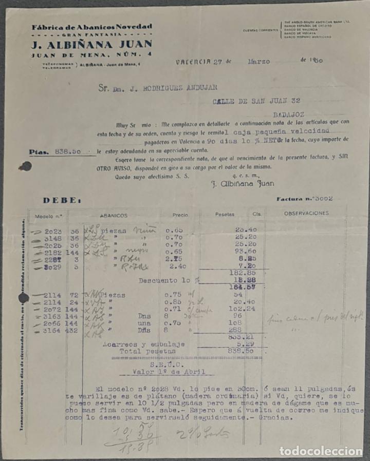 Factures anciennes: Factura. J. Albi&ntilde;ana Juan. F&aacute;brica de abanicos. Valencia. Espa&ntilde;a 1930