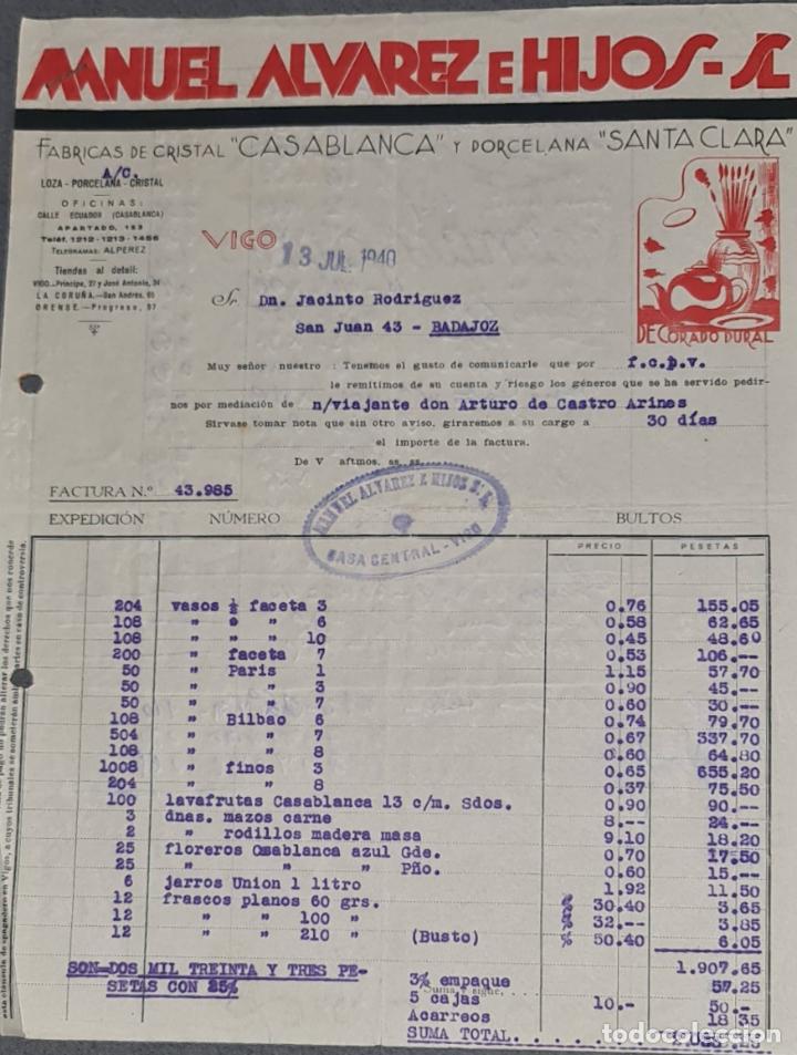 Old Invoices: Factura. Manuel Alvarez e Hijos S.L. F&aacute;bricas cristal Casablanca y porcelana Santa Clara. Vigo 1940