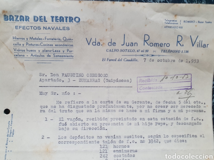Old Invoices: BAZAR DEL TEATRO. EFECTOS NAVALES. VDA. DE JUAN ROMERO. EL FERROL DEL CAUDILLO. FACTURA 1953.