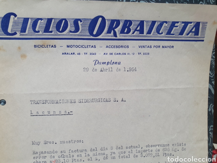 Old Invoices: CICLOS ORBAICETA. PAMPLONA. FACTURA A&Ntilde;O 1954.