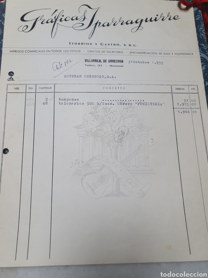Old Invoices: GRAFICAS IPARRAGUIRRE. ITURRIOZ Y CASTRO. VILLAREAL DE URRECHUA. GUIPUZCOA. FACTURA A&Ntilde;O 1955.